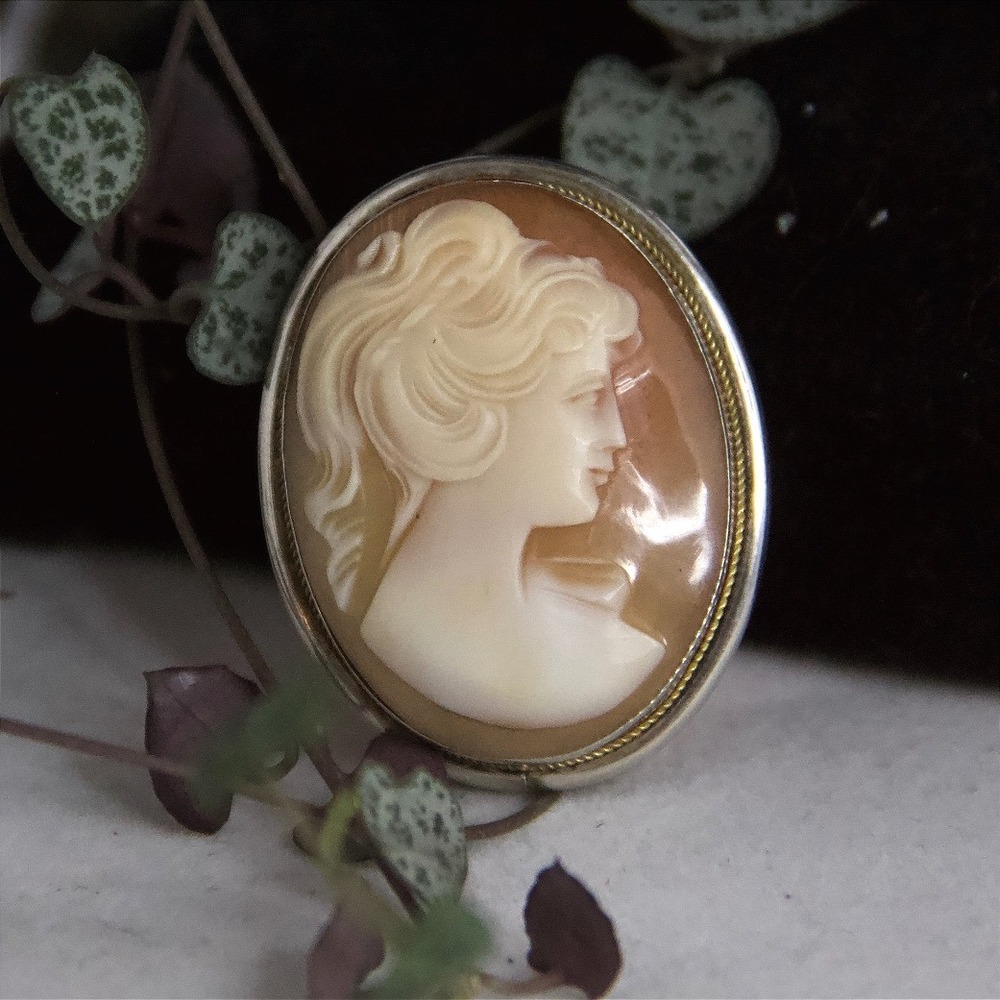 Vintage 800‎ Silver Shell Cameo Brooch Pendant Hand Carved Italian Portrait Pin - Picture 2 of 7
